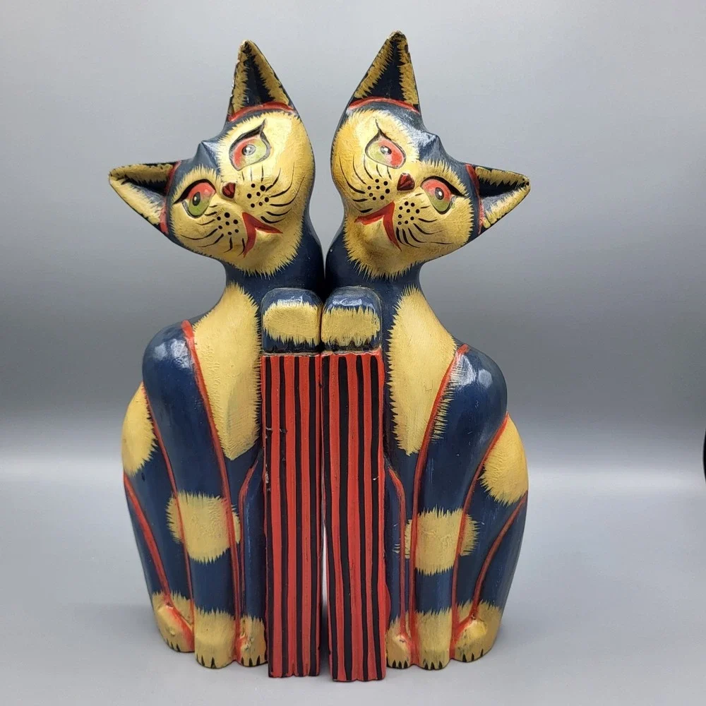 Wooden Cat Bookends Hand Painted Folk Art Colorful Shelf Decor Blue Yellow Red